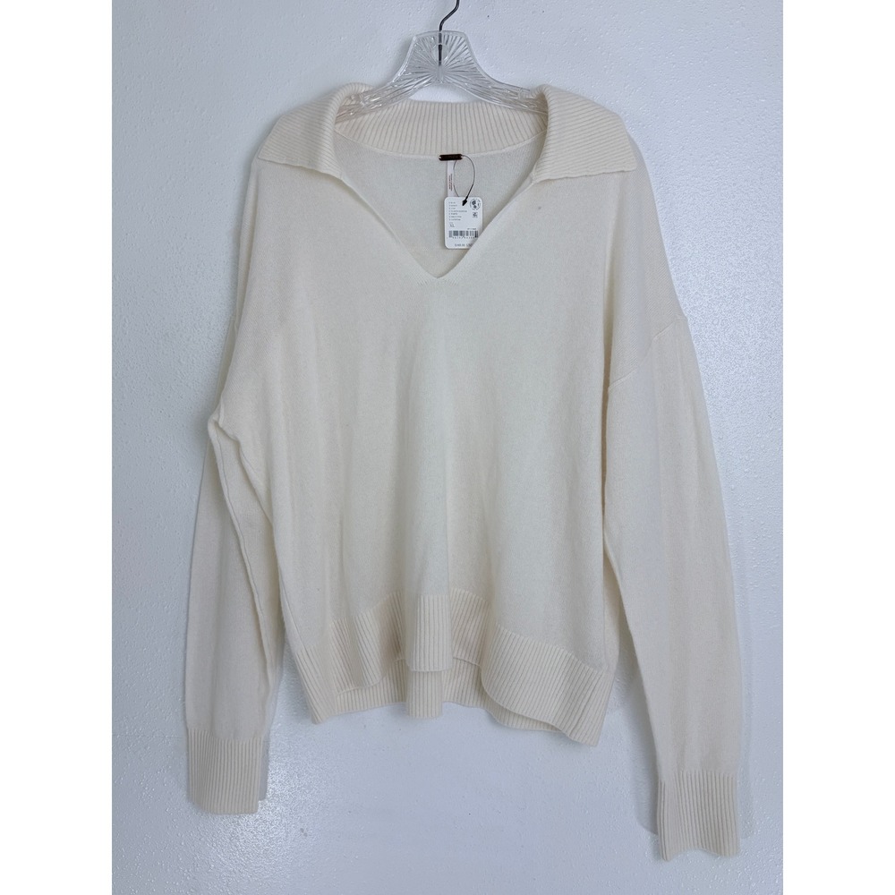 NWT Free People Cashmere Cloud Dancer Sweater Ivory White Collared V-Neck XL